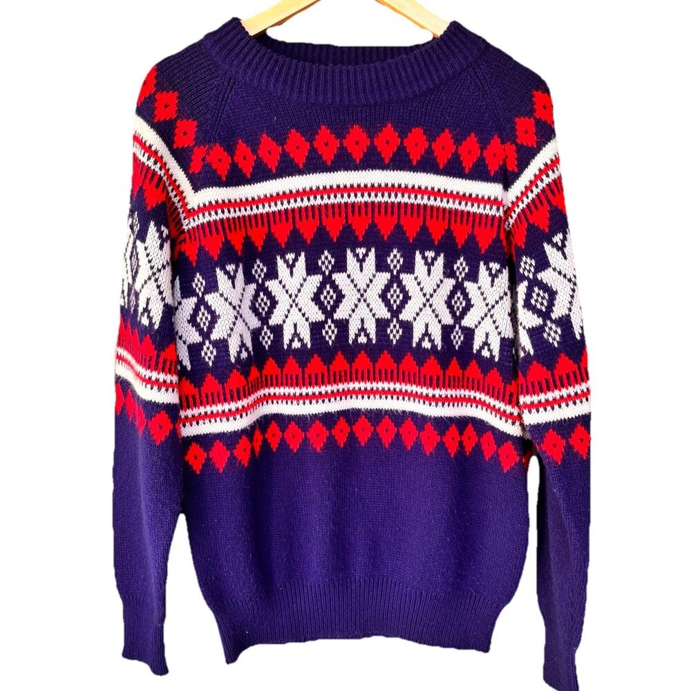 Vtg Kingsport Sweater Mens Blue Red Fair Isles Nordic Knit Outdoors Ski Knit Lg